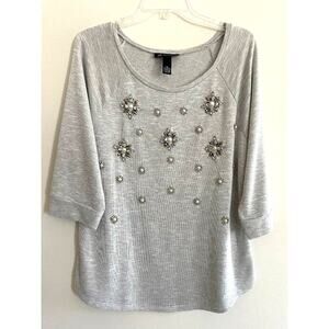 INC Three Jeweled Embellishments‎ Quarter Sleeve Top Sweatshirt Size X-Large